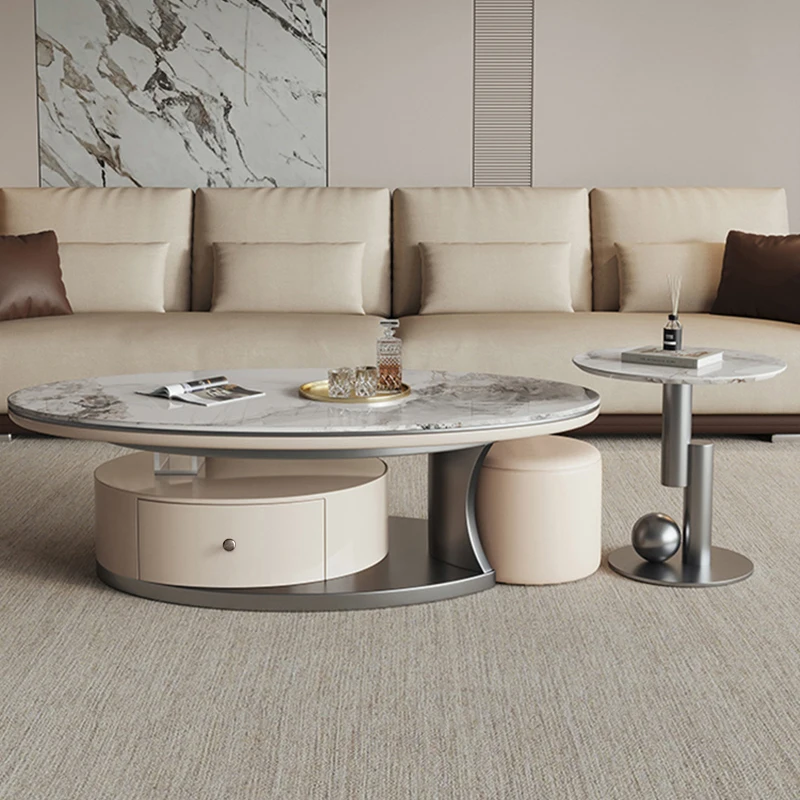 

Rock slab coffee table living room household small apartment light luxury modern storage oval size combination with stool