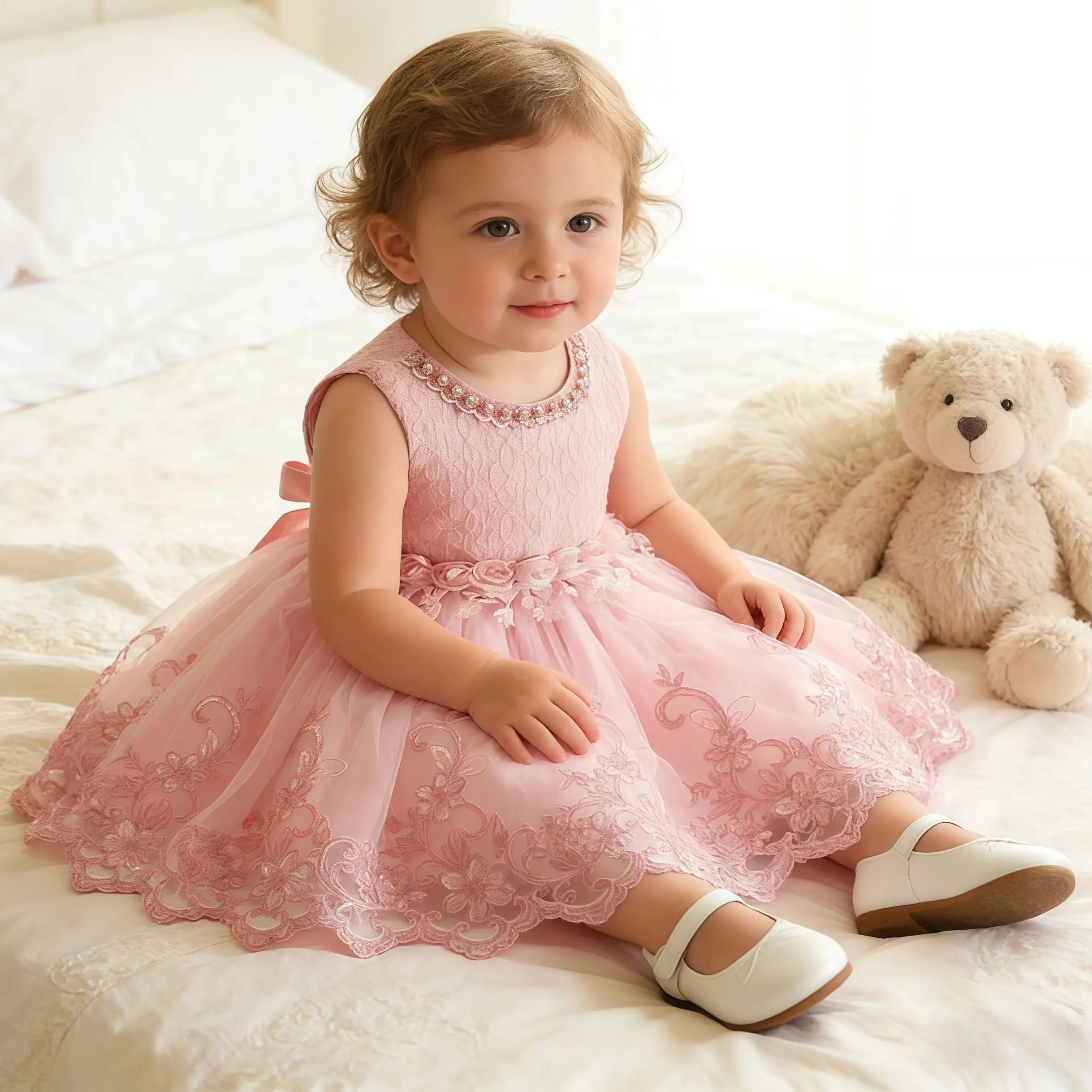 Infant Baby Flower Dress Toddler Girls Sleeveless Pearl Princess Pageant Birthday Lace Wedding Dress Children Formal Gown 6-24M