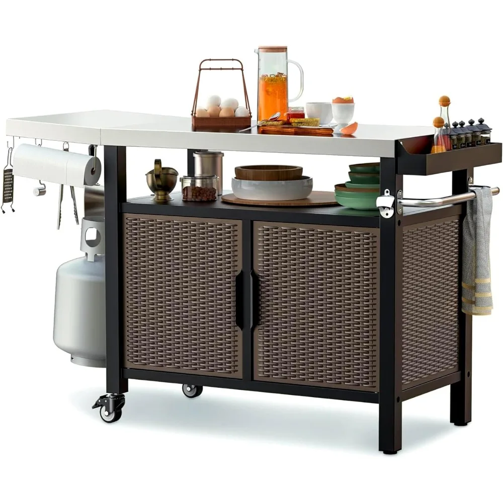 Dining Cart Table Storage Cabinet with Stainless Steel Countertop, Rolling Kitchen Island Worktable with Side Shelf and Wheels