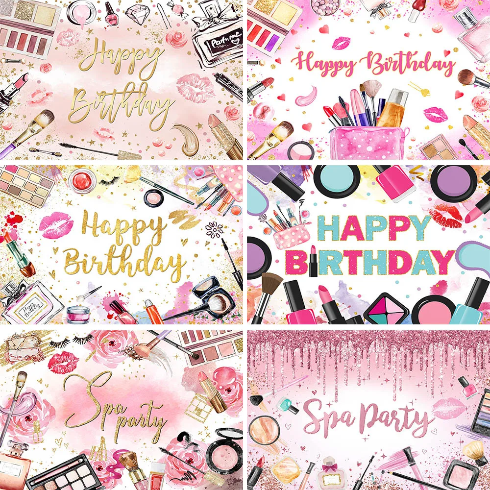 

Mocsicka Make-Up Birthday Background Cosmetic Pink Spa Party Decoration Girl 16th Birthday Backdrop Photocall Photo Studio Props