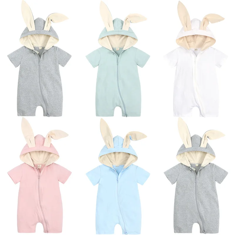 2025 New Summer Toddler Boys Girls Jumpsuit Short Sleeved Cotton Rabbit Ears Hooded Infant Baby Bodysuits 0-24M Children Clothes