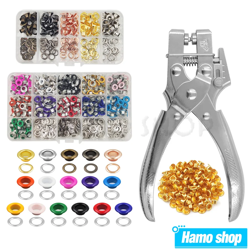 Kit de 100/330 peças de ilhoses metálicos de 5mm com ferramentas de instalação, alicate perfurador para artesanato em couro, sapatos, cintos, bolsas e roupas.