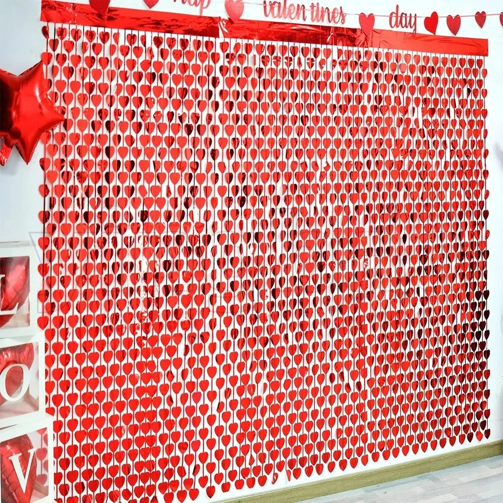 4 Packs 39x79in Red Heart Shape Tinsel Foil Fringe Curtain Valentines Photo Backdrop,Streamer Backdrop for Birthday, Wedding