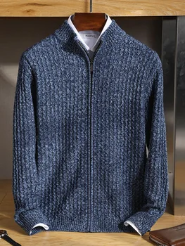 100% wełniany kardigan męski ze stójką kurtka z zamkiem błyskawicznym dopasowany kolor żakardowy gruby sweter Business Casual młodzieżowy kaszmirowy płaszcz z dzianiny