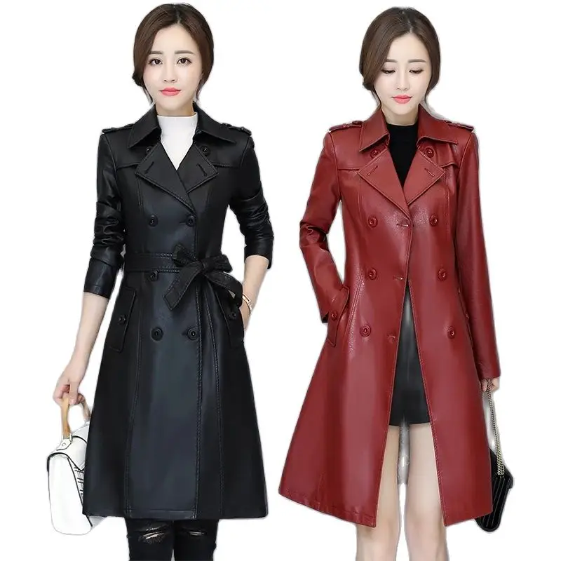 

Casual Style Femme Leather Coat Jaqueta De Couro Feminina Women Long Leather Coat turn-down Collar PU Leather Trench