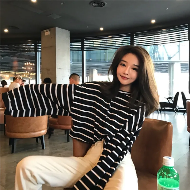 Korean version early autumn top new women's clothing lazy style striped loose long sleeved T-shirt casual base shirt