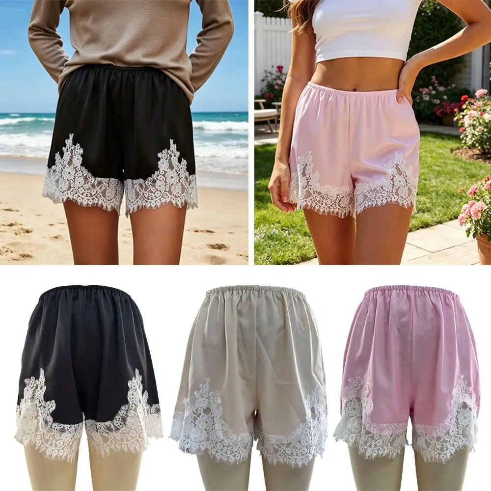 

Vintage Satin Silk Lace Patchwork Shorts Y2k Silky Sleep Shorts Elastic Waist Lace Women Shorts Pajamas
