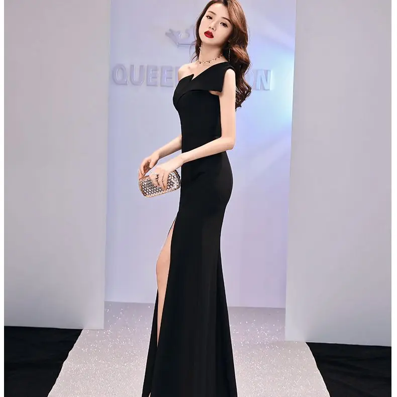 Women's Light Luxury One Shoulder Black Long Dress Fishtail Prom Dress Host Evening Gowns Dresses