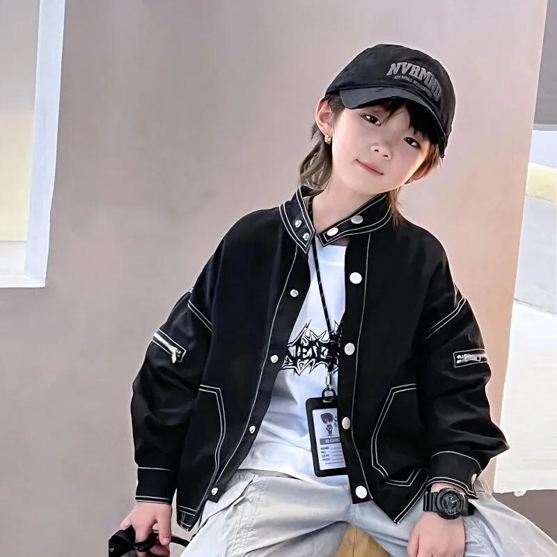 

Boys' Bright Thread Design Jacket Handsome Spring and Autumn Wear 2025 New Children's Stand up Collar Jacket