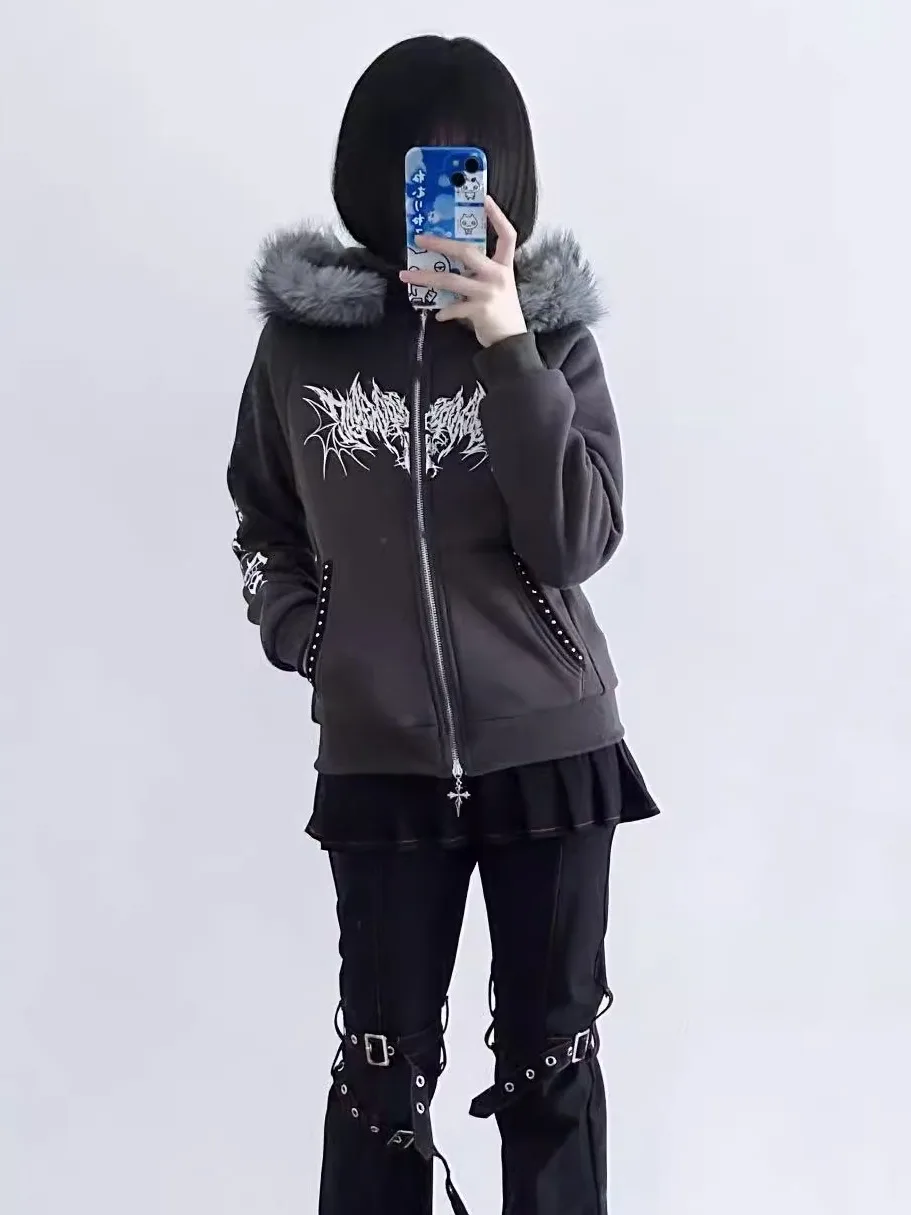 الأصلي الظلام ثقافة فرعية Y2k الشرير أفخم مقنعين سستة سترة سترة الخريف الشتاء الفتيات الحلو كول لطيف مطبوعة معطف قصير #5