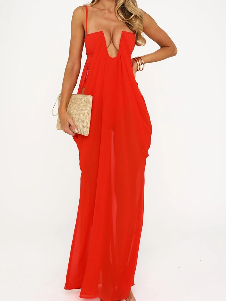 Eye-catching Leisure Travel Long Dresses Red Retro Deep Draped Neck Cutout Maxi Skirts Daily Female Resort Wear