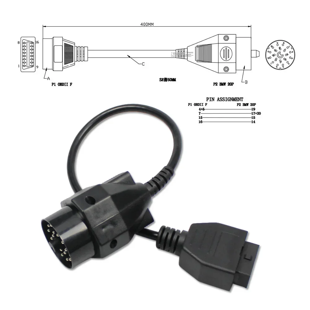 Car OBD Extension Cable OBD II Adapter for BMW 20pin to 16PIN Female Connector e36 e39 X5 Z3 for BMW 20pin to OBDII 16pin