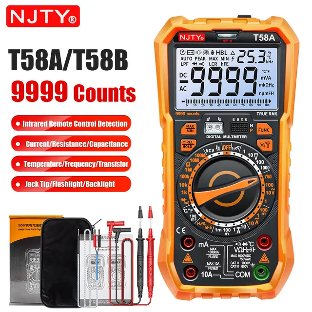 NJTY multimetr cyfrowy 9999 zlicza Multimetro AC/DC Tester prądu upływu 100mF pojemność profesjonalne narzędzia dla elektryków