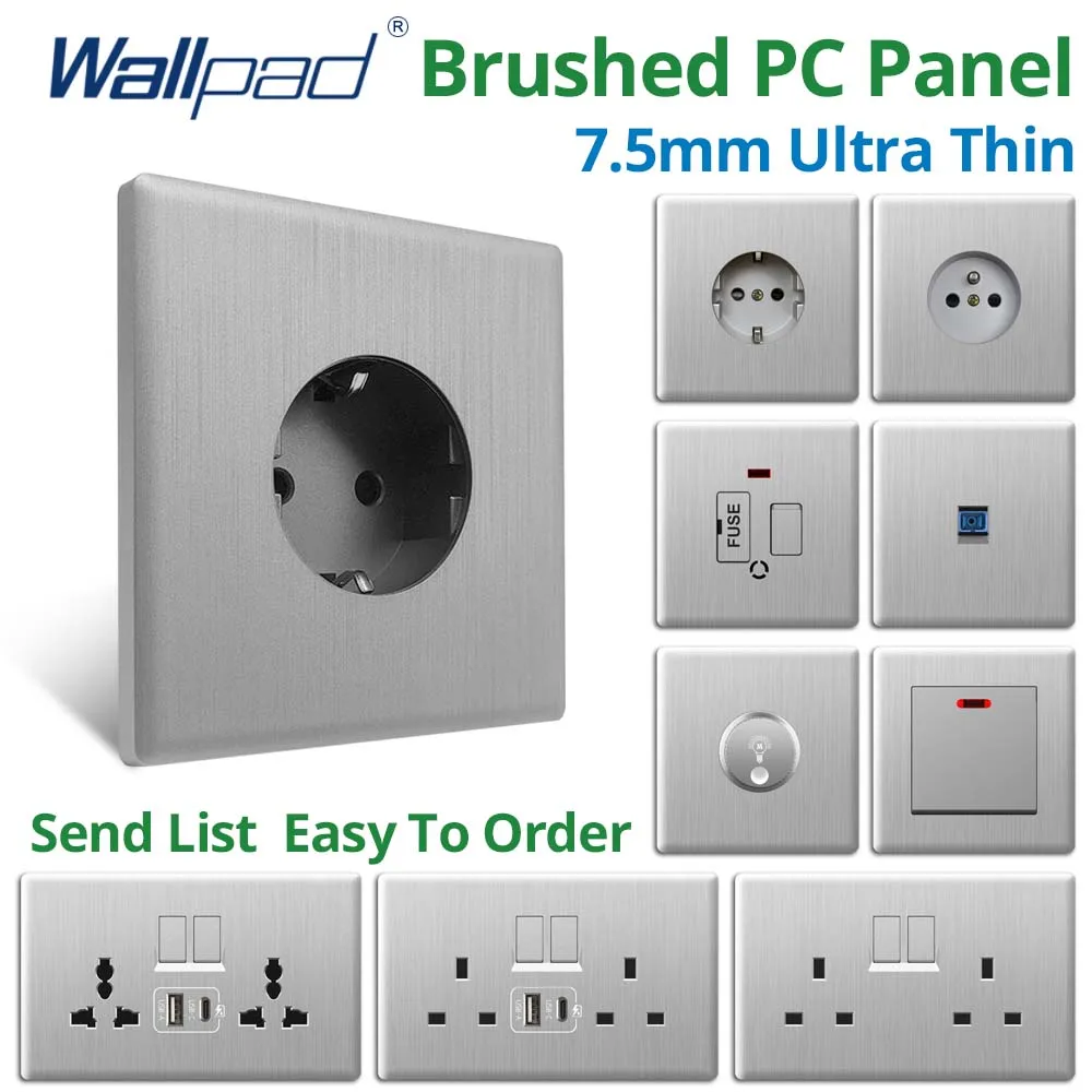 

Wallpad Dimmer Fan Wall Switches Brushed Grey Plastic Panel Dual MF UK Electric Power Socket 13A 250V