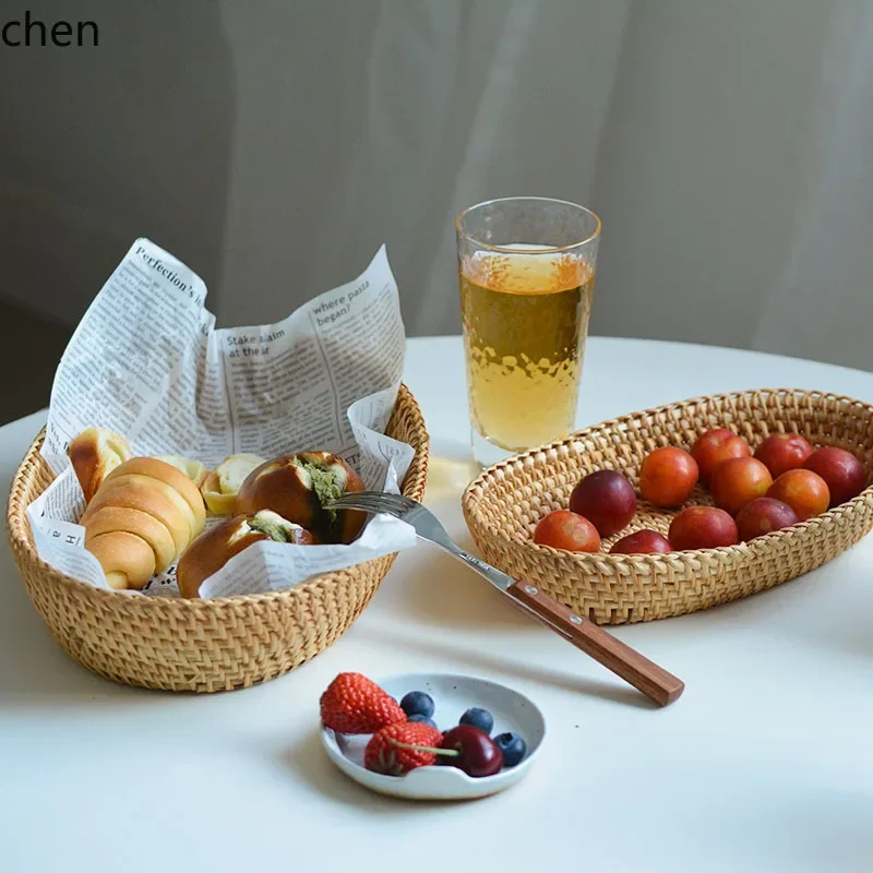 

A8 Rattan Woven Basket Wooden Woven Basket Fruit Tray Bread Snack Items Steamed Buns Table Coffee Table Desktop Storage Basket