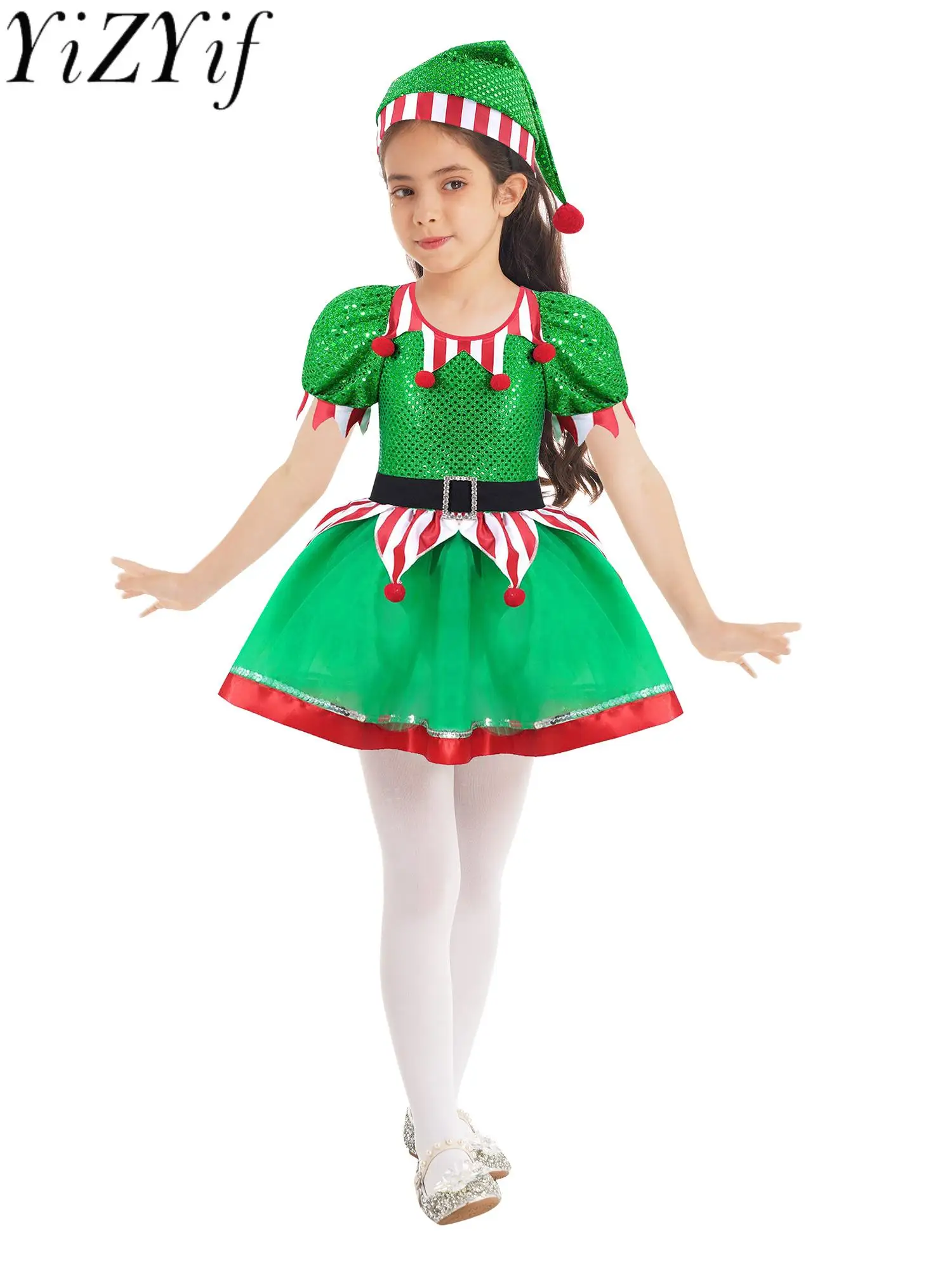 Kids Girls Christmas Elf Costume Xmas Sequins Pompoms Adorned Fancy Party Mesh Tutu Dance Dress and Hat for New Year Carnival