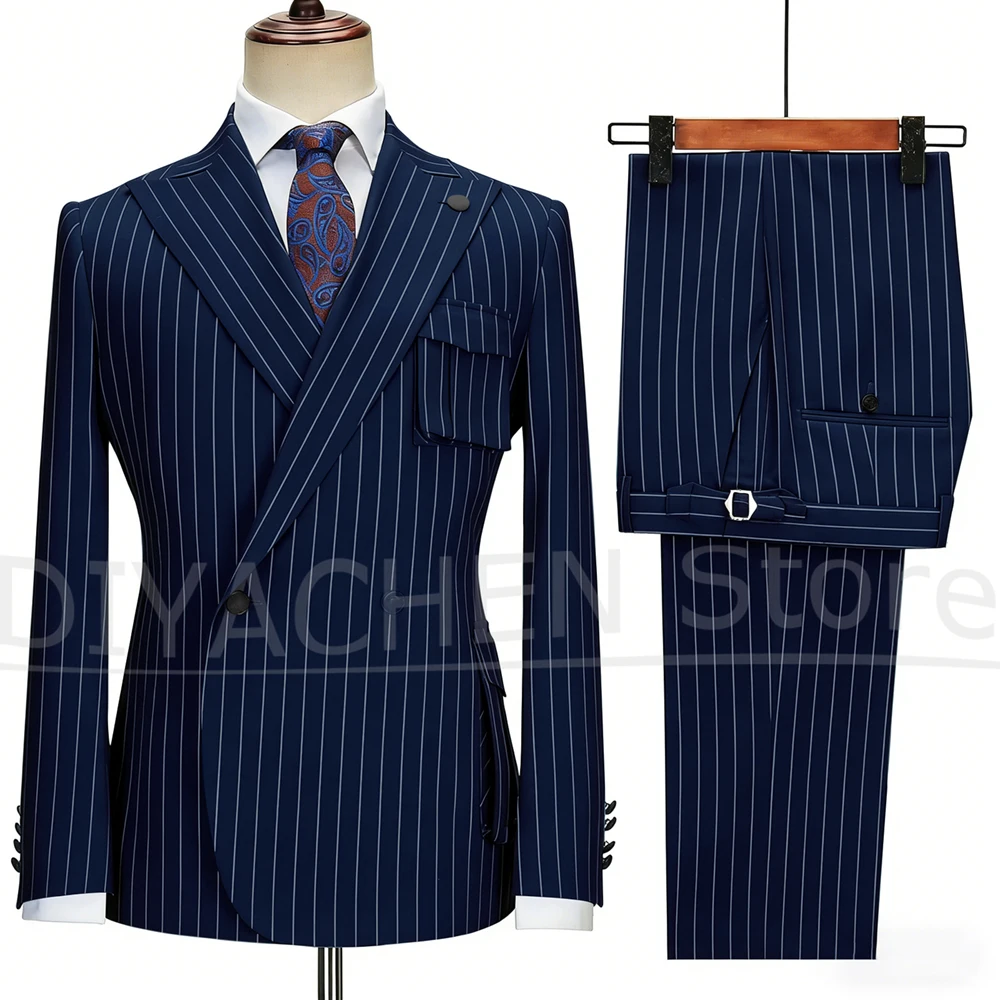 

Chic Striped Men Suits 2 Piece Fashion Two Pockets Single Button Wear Fashion Smart Casual Office Male Suit (Jacket+Pants)