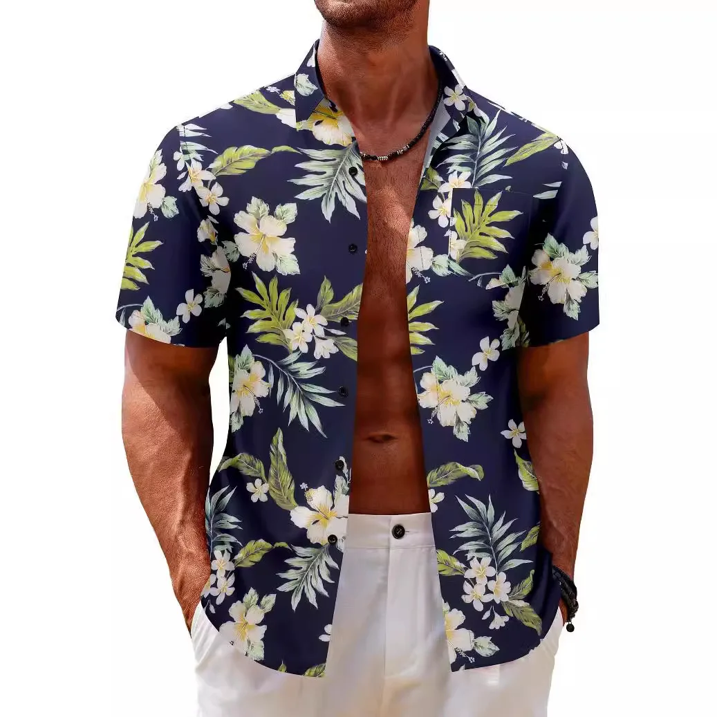 2025 Summer Short Sleeved Shirt, Casual Button Up Collar Top, Loose Digital Printed Shirt, Trendy Vacation Men's Clothing