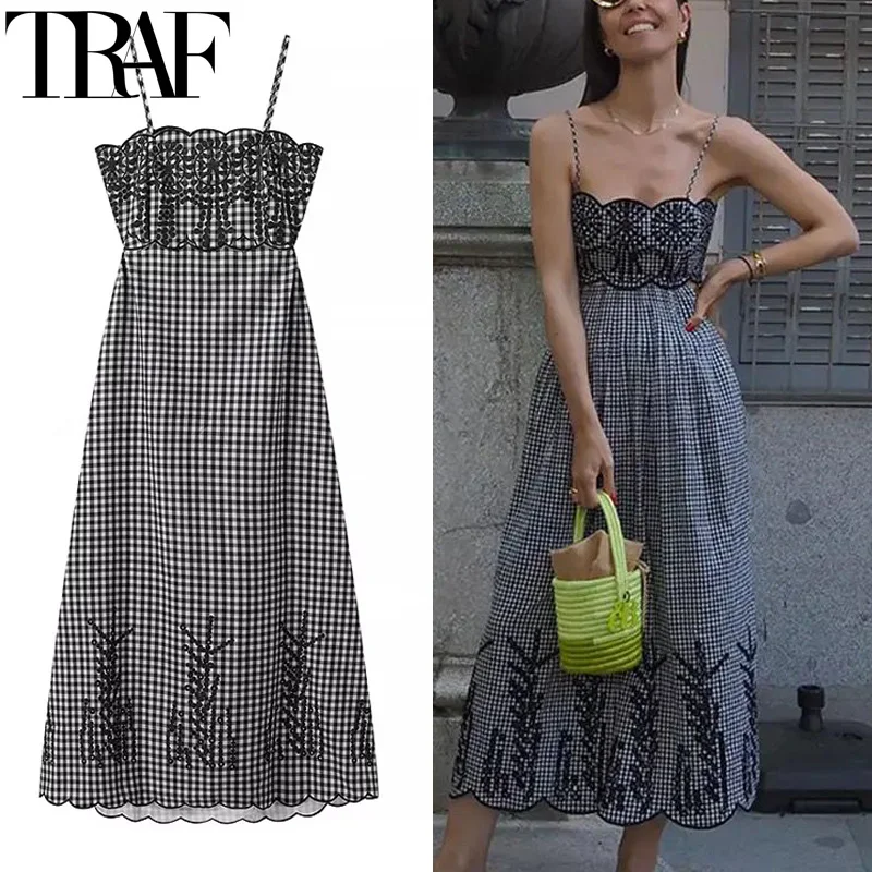 TRAF 자수 슬립 원피스 여성 민소매 격자 무늬 롱 드레스, 컷 아웃 백리스 미디 원피스, 우아한 휴가 파티 드레스 
