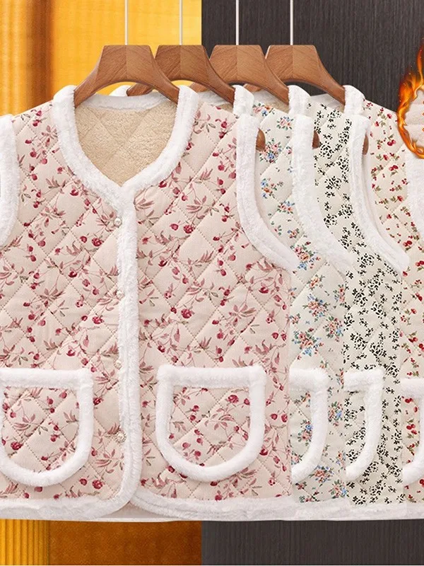 سترة نسائية أنيقة مبطنة بالصوف مع نقشة زهور للخريف والشتاء، سميكة مصنوعة من ألياف البوليستر