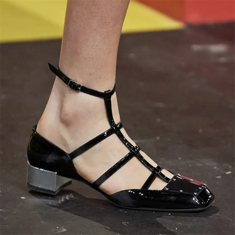 2024 New Metal Square Toe Women Sandals Chunky Heel T-straps Gladiator Sandal Prom Dress Shoes Woman Hollow Out Mary Janes