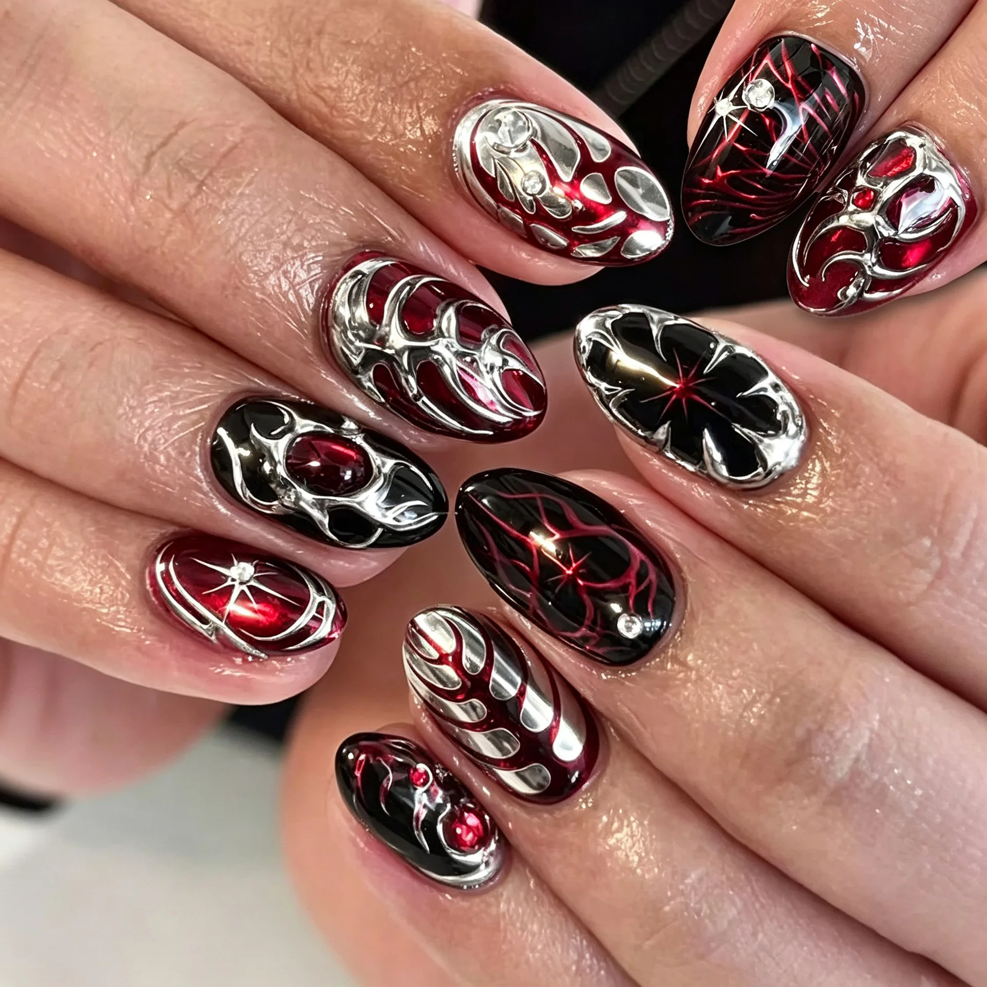 24Pcs Y2K Gilded Almond False Nails Art with Star Diamond Smudge Women's Fake Nail Full Cover Reusable Artificial Press on Nails