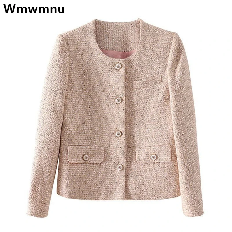 Korean Slim Pink Tweed Short Jackets New Elegant Single Breasted Wool Blend Coats Vintage Casual Woolen Chaquetas Women Casacas