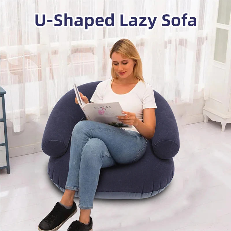 Inflatable U-shaped Lazy Sofa with Armrests Living Room Outdoor Lounge Chair Portable Flocking PVC Inflatable Sofa