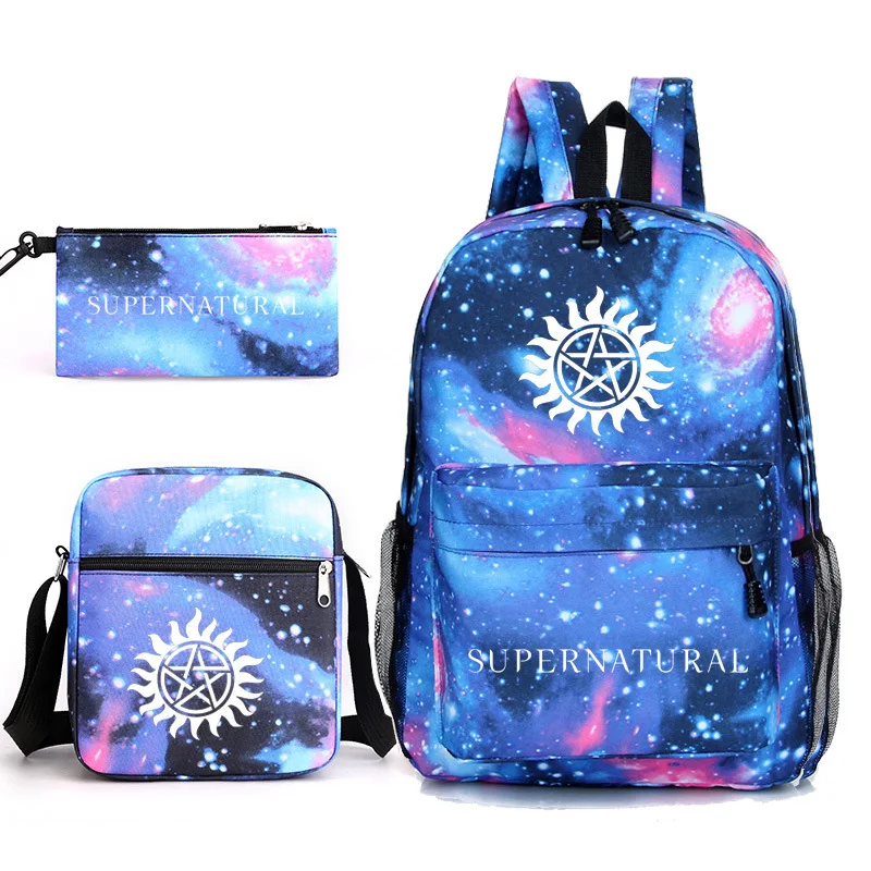 Conjunto de 3 piezas de Anime Supernatural SPN Evil para niños, mochilas escolares geniales, bolso de hombro para estudiantes, bolsas para lápices y bolígrafos