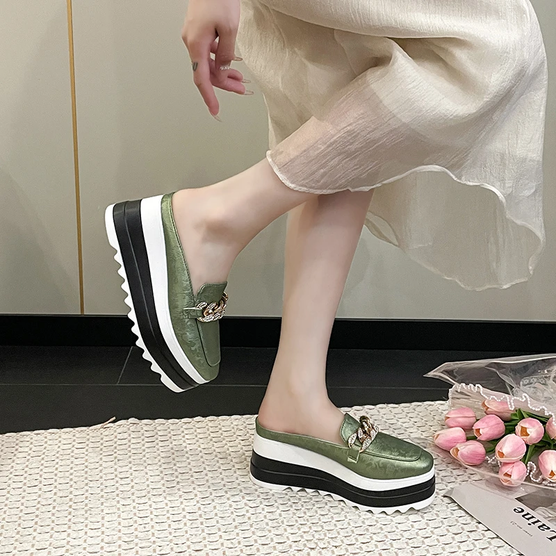 Fashin Chain Wedges Mules Shoes Women Crystal Chunky Platform Casual Shoes Woman Slip-On Thick Bottom Print Vulcanized Shoes