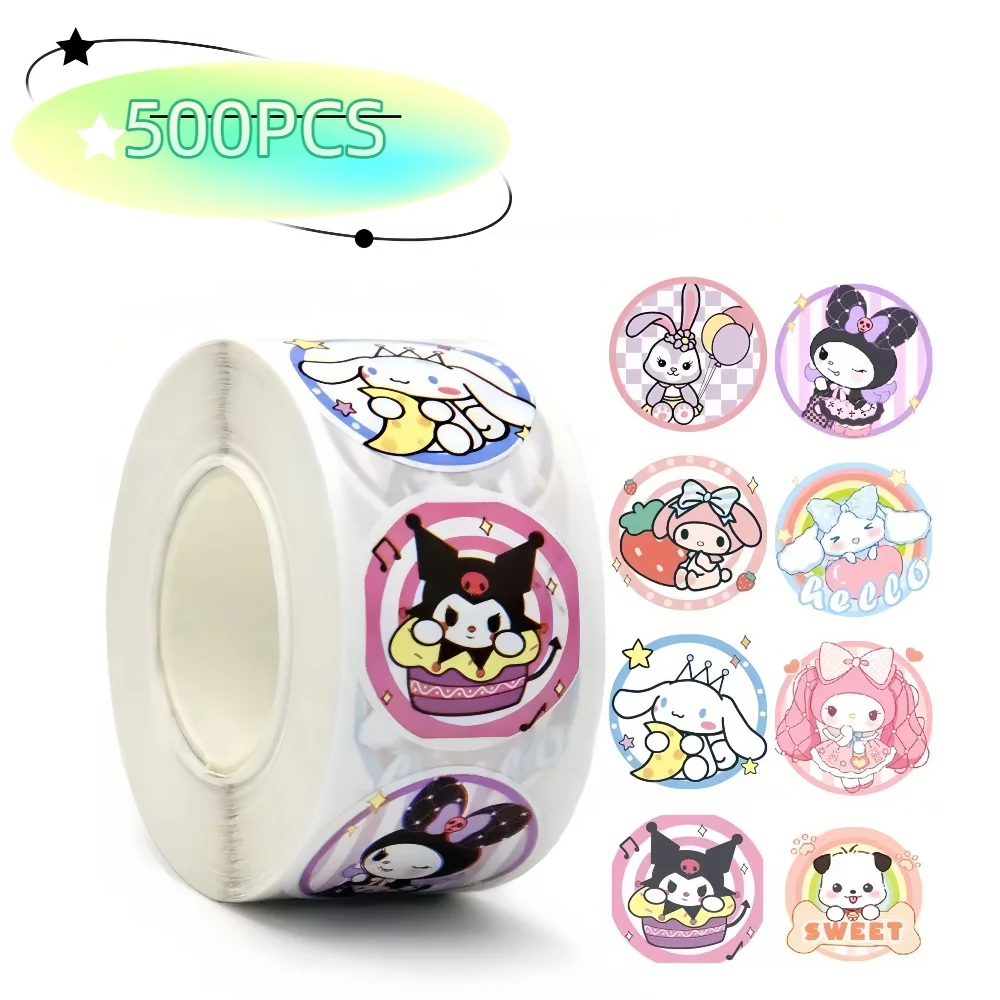 

500PCS Cartoon Sanrio Expression Roll Stickers Kuromi My Melody Cinnamoroll Seal Stickers Reward Small Stickers