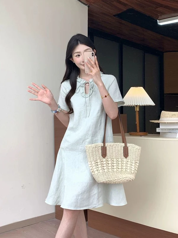 

plus Size A-Line Dress Women's Summer Fashion Short Sleeve Midi Skirt Wooden Ear Casual Breathable Skin-Friendly Dress