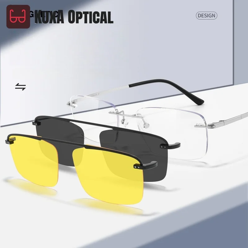 

XUKA Men's Business Pure Titanium UV Protection Night Driving Glasses Frame G002 Rimless Magnetic Clip Glasses Ultra Light