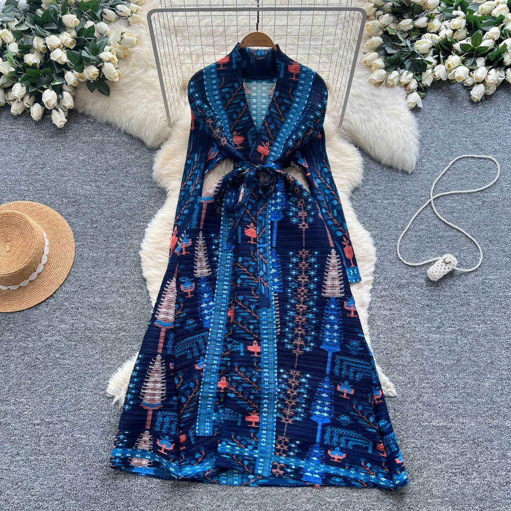 Miyake mode bedrukte jurk dames premium gevoel riem taille v-hals vest met lange mouwen geplooide lange rok