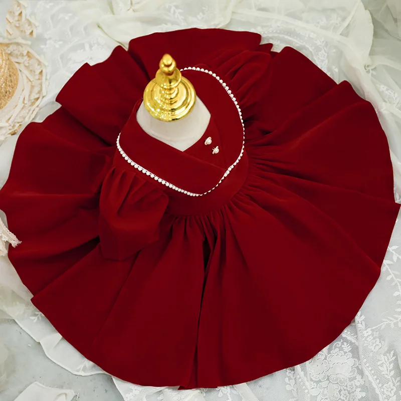 Newborn Baby Girl Princess Christmas Red Dresses Puff Long Sleeve Infant Toddler Child Bow Vintage Winter Evening Gown 12M-14Y