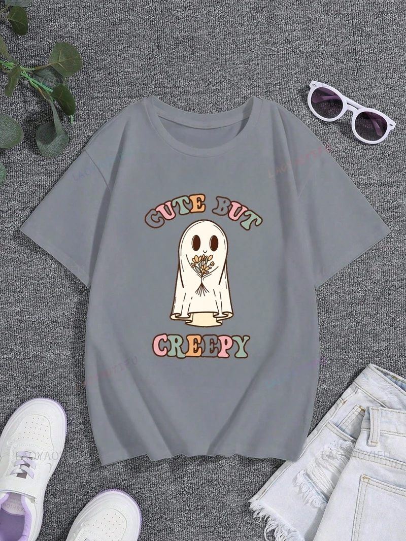 CUTE BUT CREEPY, Halloween Party Women's Shirt, Everyday Casual Streetwear, Women's Short Sleeve 0 Neck Cotton T-shirt