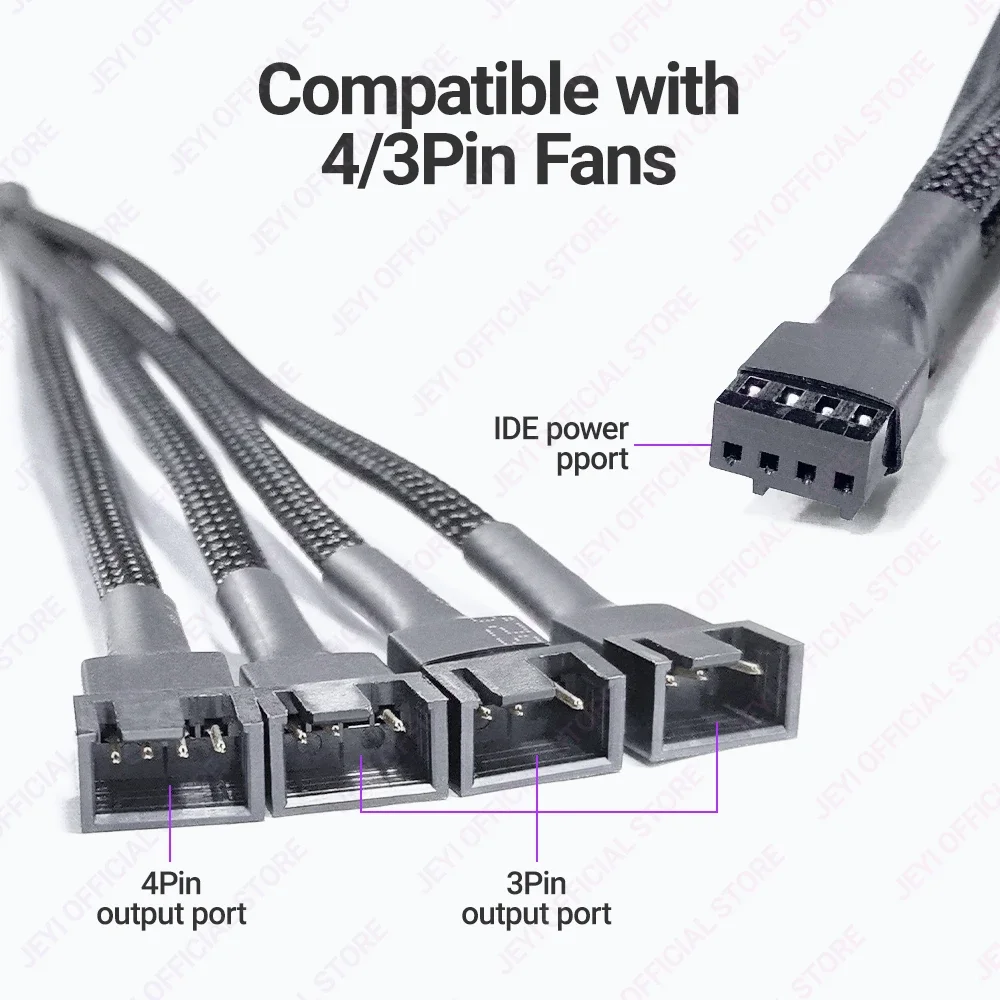 JEYI PC Fan Splitter Extension Cable - 1 to 4 PWM Fan Braided Extension Power Wire for Motherboard, Desktop Computer CPU Fan