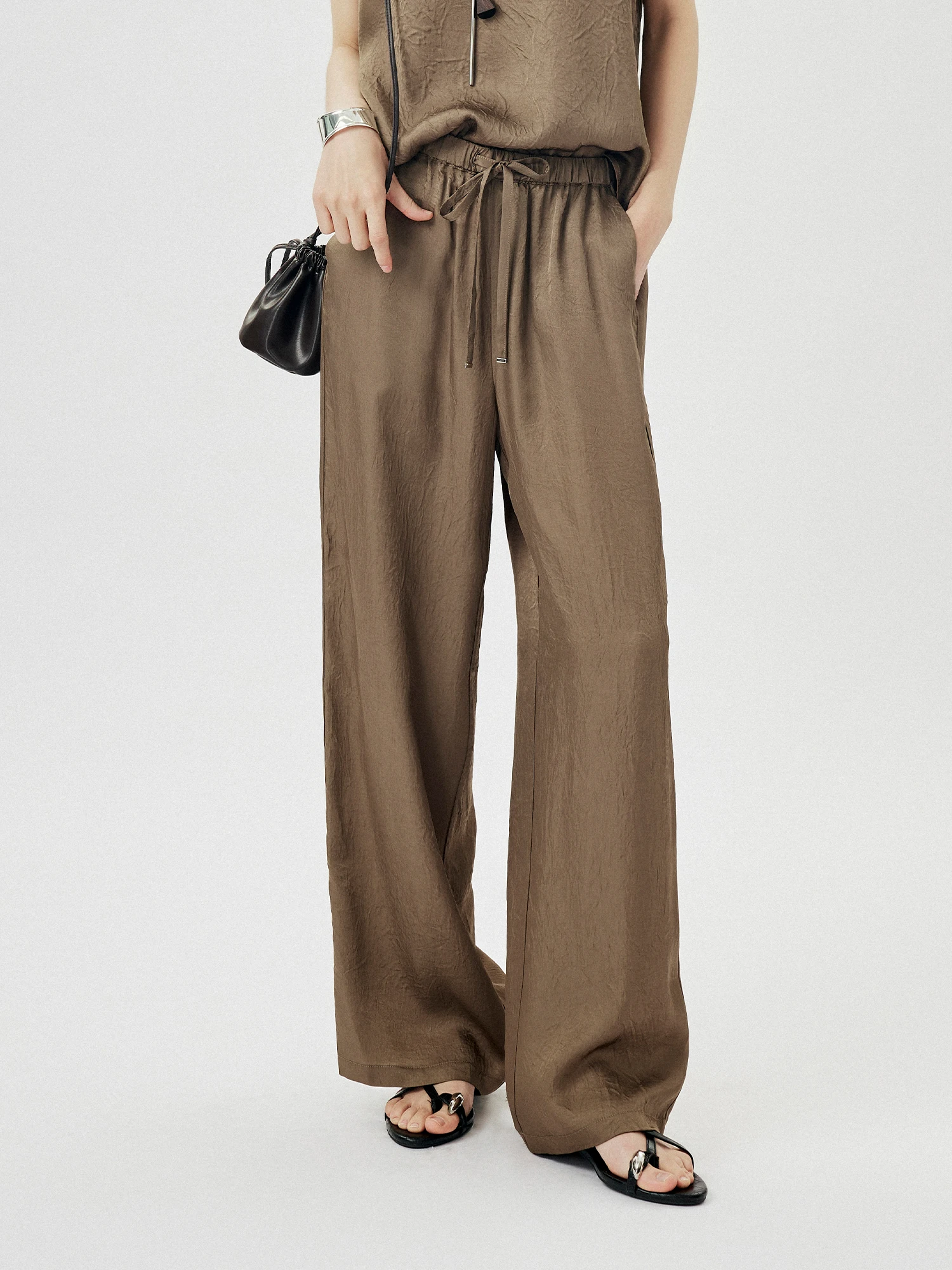 

CLMX Simple Commuter Casual Dstring Color Pants Wrinkle Texture Satin Acetate Fabric Belted Straight Leg Women's Pants