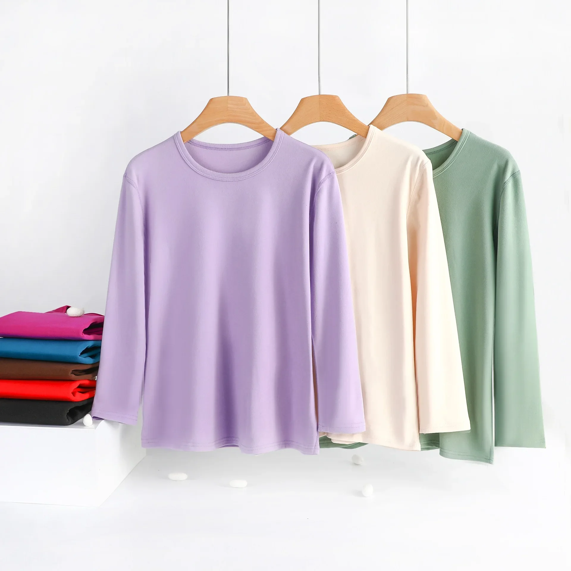 

XL to 8XL Plus size O-Neck Bottomed Tshirt Long sleeves Dralon thick Fleece T-Shirts Women's winter warm Tee Tops Loose Top