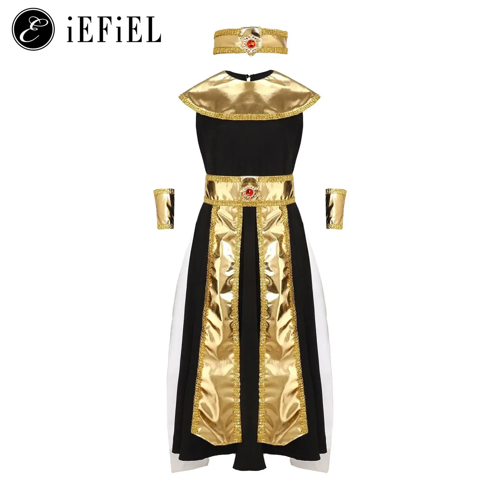 

Girls Egyptian Queen Cleopatra Cosplay Costume Sleeveless Gown Dress with Mesh Back with Crown Headband
