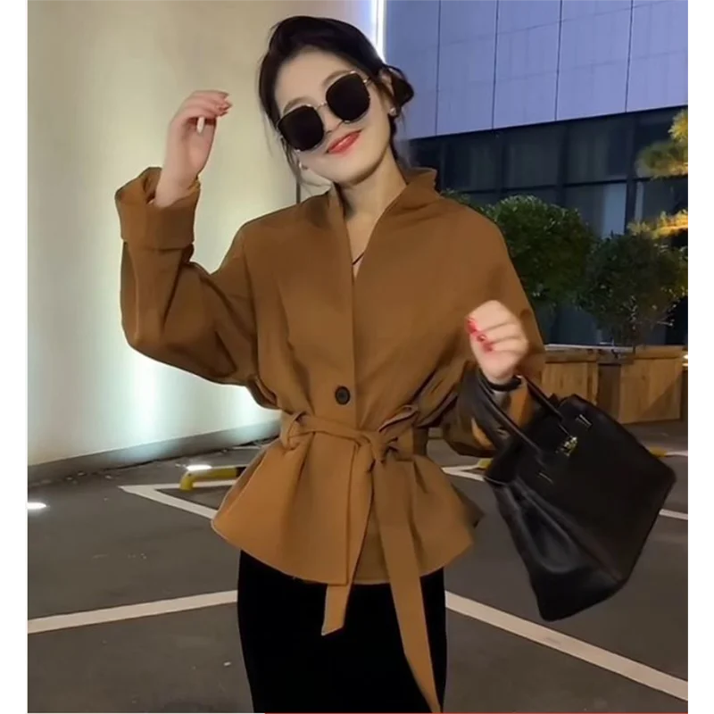 Korean Style Stand Collar Belted Coat for Women Elegant Slimming Autumn Fashion High Waist Tunic Top Ladylike Trendy Outerwear