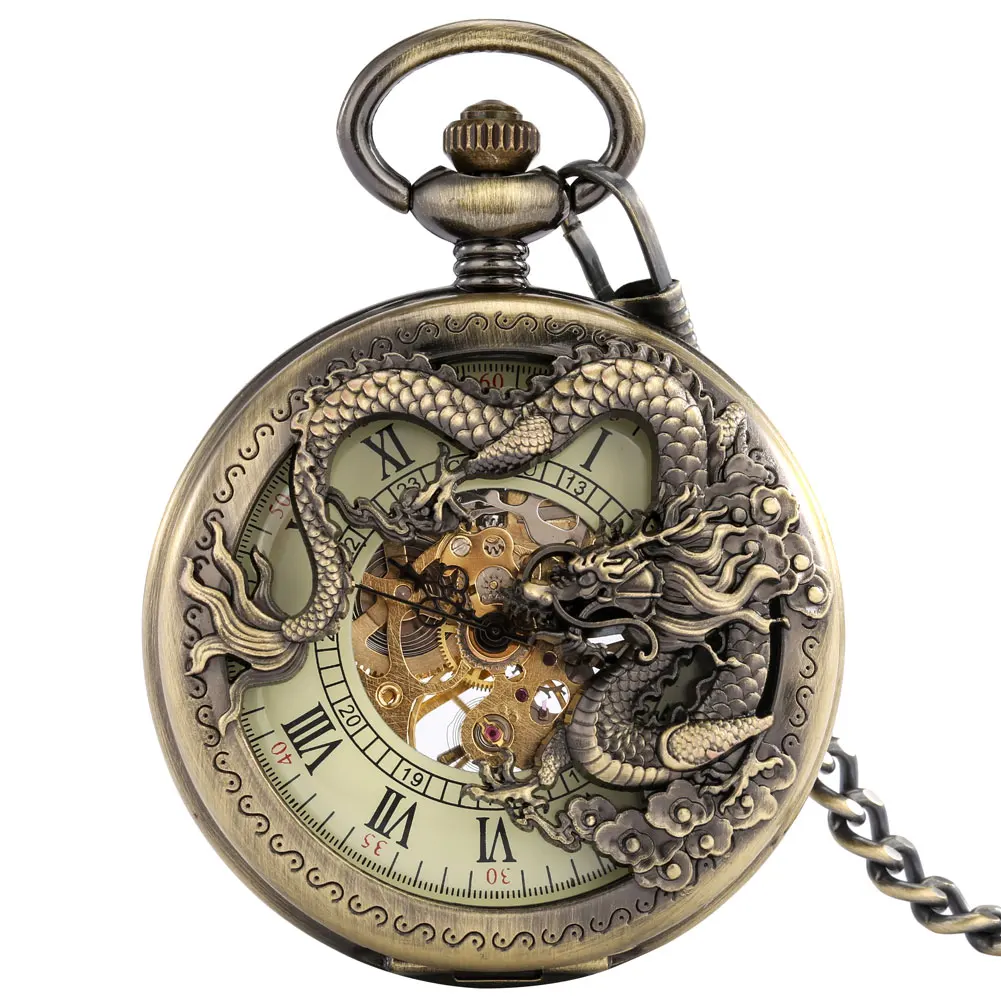 Vintage Mechanical Pocket Watch Mens Hand-winding Skeleton Dragon Chain Retro Pendant Timepiece Roman Numerals Display Clock