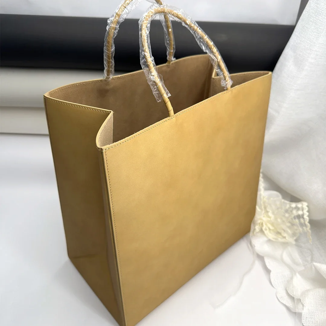 Genuine Leather Kraft Paper Bag Handbag Frosted Suede Surface All Cowhide Inside And Outside Tote Bag Shopping Bag Fashion