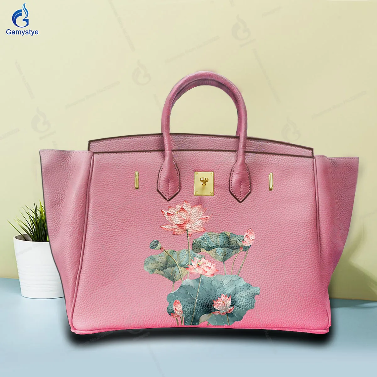 

Art Print Customize Totes Lotus print Soft Cow Leather Original Brand Women Bag Shopping Bag Handbags Luxury Designer