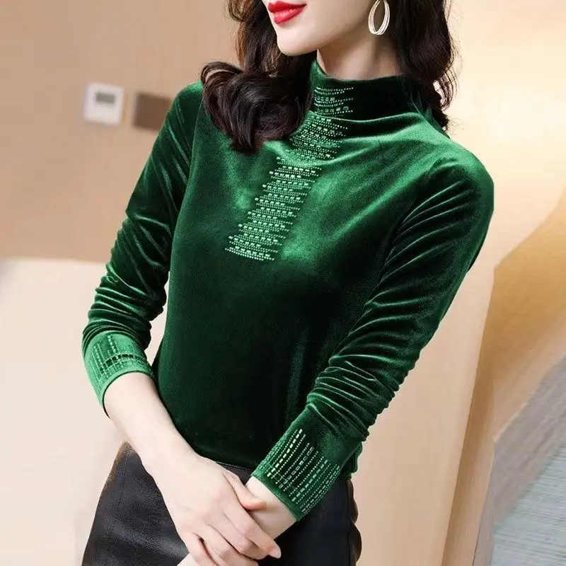 Female Clothing Vintage Solid Color T-shirt Autumn Winter Stylish Diamonds Long Sleeve All-match Half High Collar Pullovers 2025
