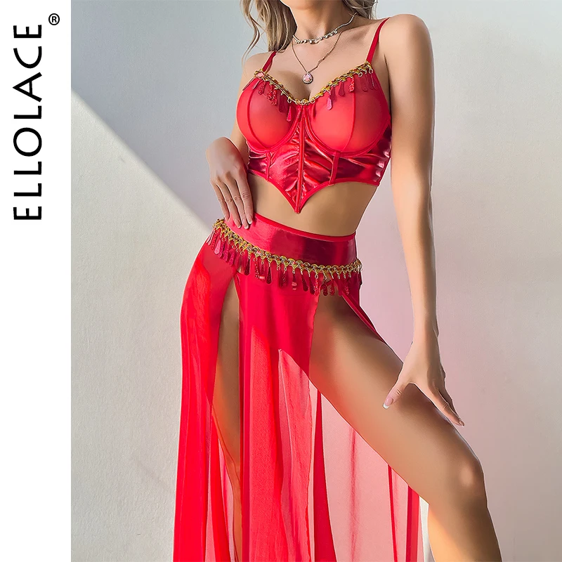 

Ellolace Exotic Charm Sexy Lingerie Set Tulle Split Dress Sequin Irregular Bra Exotic Sets Matching Club Dancing Red Outfit