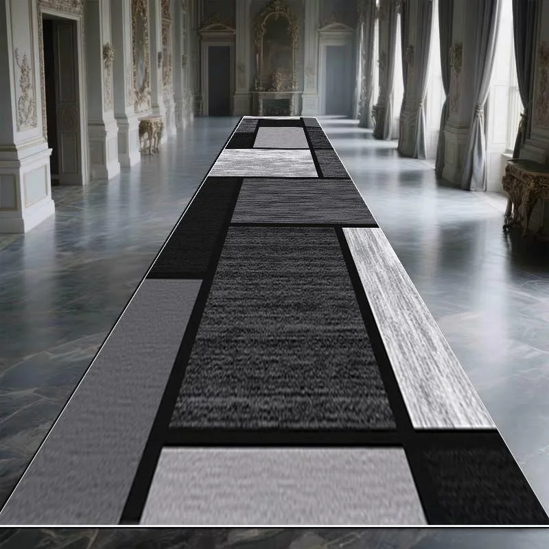 VIKAMA Modern Abstract Runner Mat Gray Tone Blocks Design Soft Anti‑Slip Carpet For Office Living Room Home Decor
