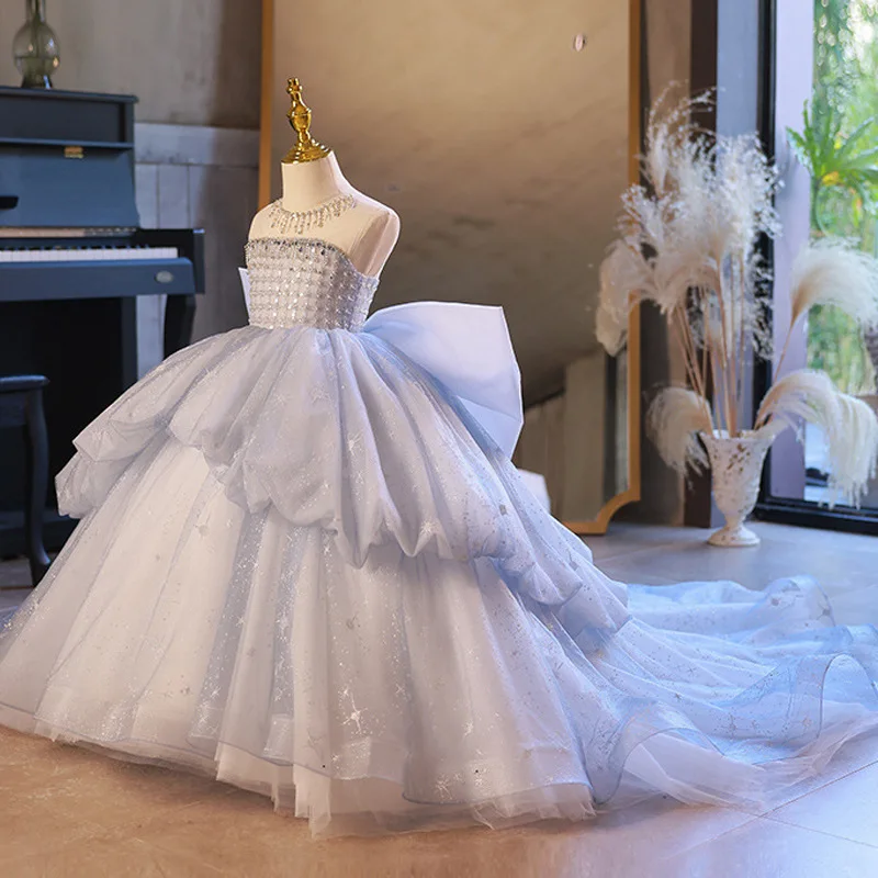 

Ball Gown Flower Girls Dresses with Long Train Princess Off the Shoulder Pageant Gown First Communion Dress 100% Real Picture