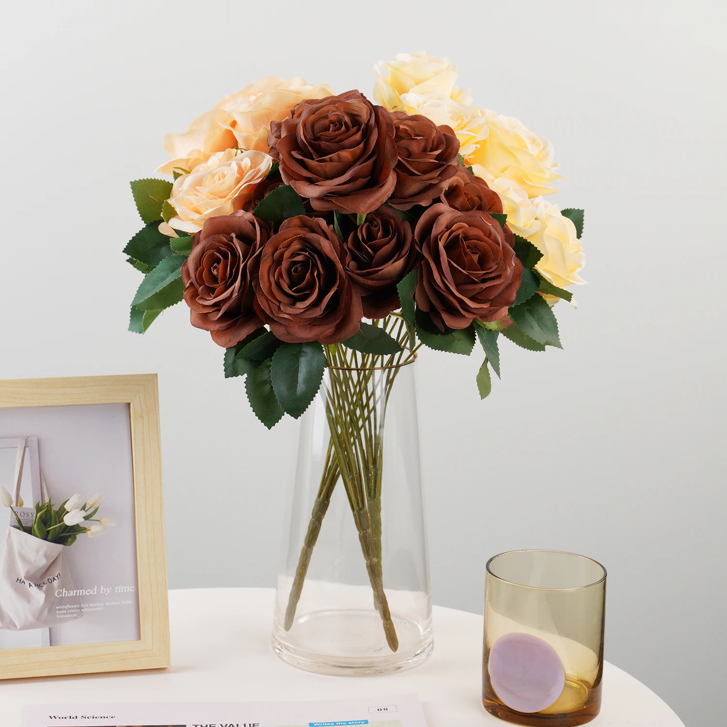 9 Heads Artificial Flower Silk Rose white Eucalyptus leaves Peony Bouquet Fake Flower for Wedding Table Party Vase Home Decor