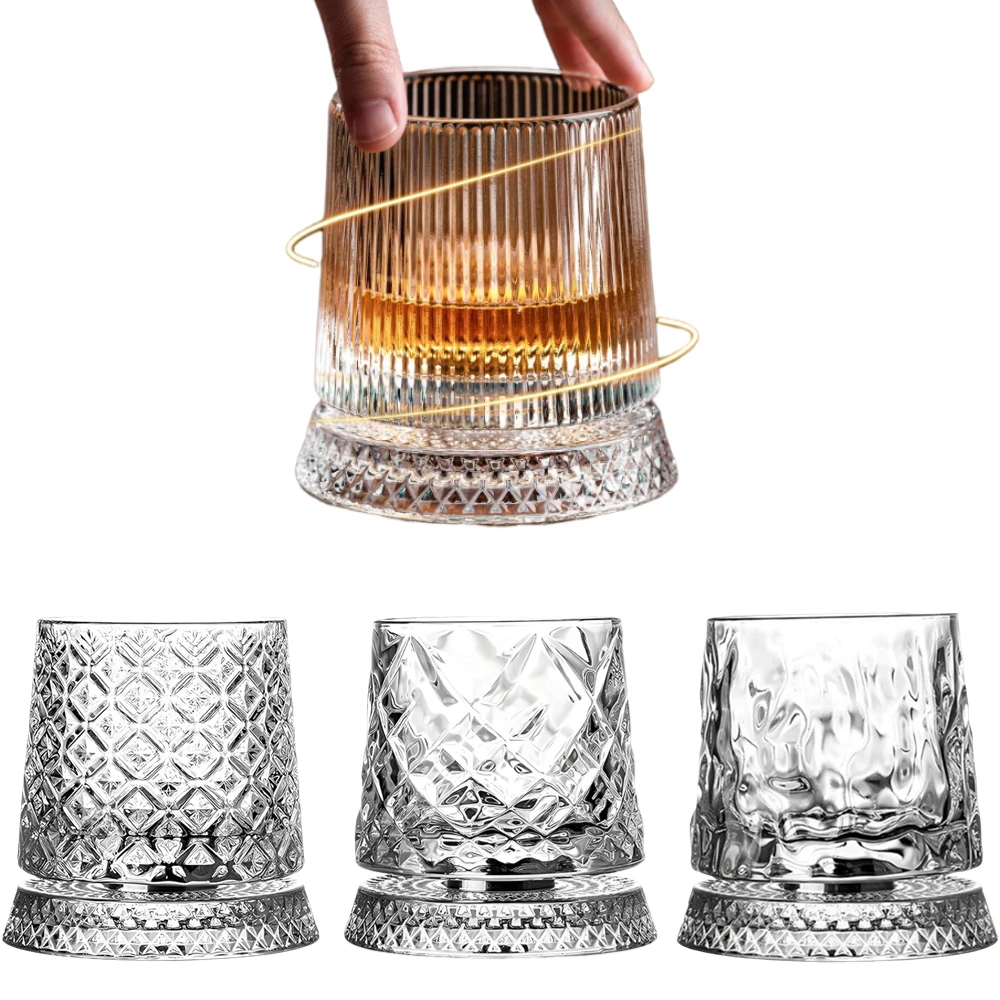 Vaso de Whisky Giratorio de Cristal de 280 ml con Base con Diseño de Flores de Hielo y Burbujas 360 °   Vajilla giratoria de vidrio para el hogar, bar, fiestas y bodas